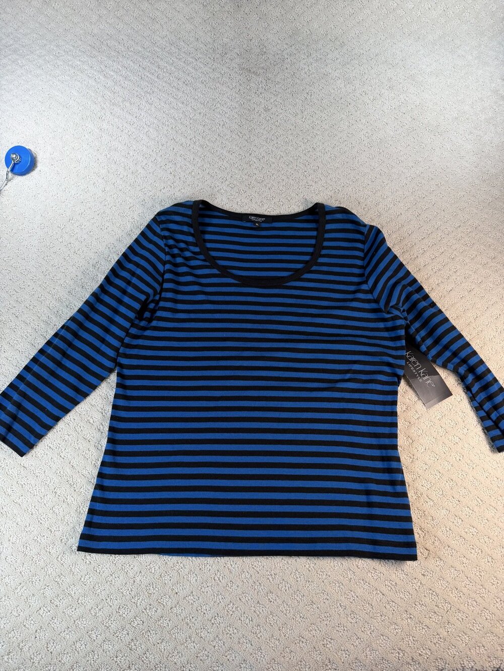 NWT Kane Karen Striped T Shirt Womens Blue Black Scoop Neck 3/4 Sleeve Size XL